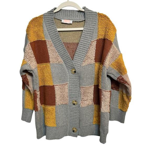 C+D+M Women's M Multicolor Patchwork ColorBlock Button-Up Cardigan Sweater - Picture 1 of 8